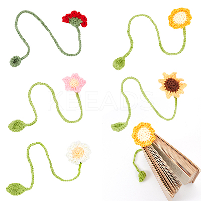 5Pcs 5 Styles Woolen Yarn Crochet Plant Bookmarks AJEW-CP0007-95B-1