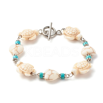 Heart & Tortoise Synthetic Turquoise(Dyed) Beaded Bracelet BJEW-JB07302-01-1