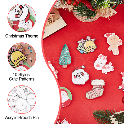 40Pcs 10 Style Christmas Sock & Santa Claus & Tree & Gingerbread Man & Deer Acrylic Brooch Pin JEWB-FH0001-32-1