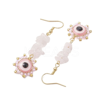 Evil Eye Natural Rose Quartz Chip & Seed Beads Dangle Earrings EJEW-MZ00166-01-1