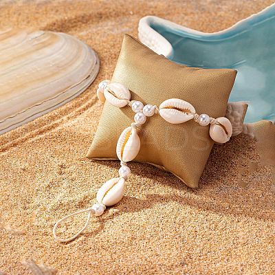 Bohemian Style Natural Cowrie Shell & Plastic Imitation Pearl & Waxed Cord Adjustable Toe Ring Anklets FS-WG74F62-01-1