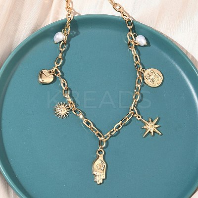 304 Stainless Steel Hamsa Hand Heart Sun Pendant Bib Necklaces for Women NJEW-B151-02G-1