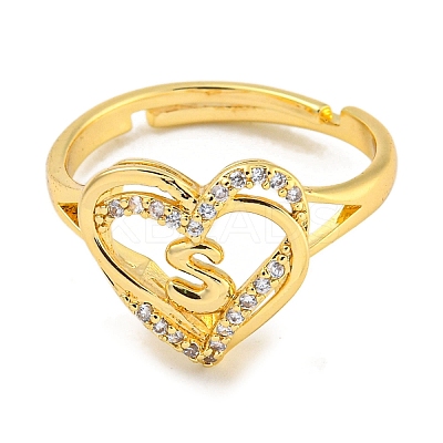 Heart with Letter Rack Plating Brass Micro Pave Clear Cubic Zirconia Adjustable Rings for Women RJEW-I105-01G-S-1