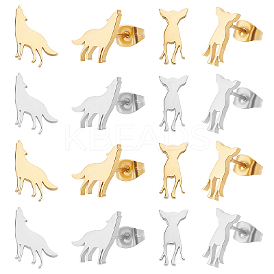 16 Pairs 4 Style Deer & Wolf 304 Stainless Steel Stud Earrings for Women EJEW-DC0001-20-1