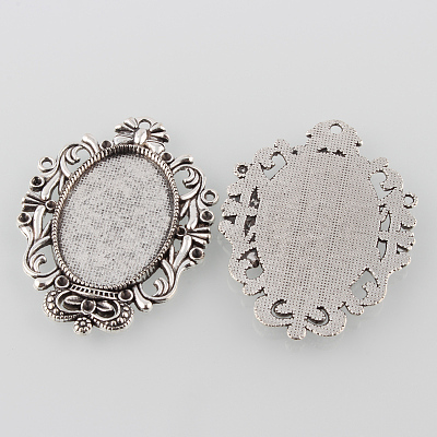 Tibetan Style Antique Silver Alloy Flat Oval Pendant Cabochon Settings X-TIBEP-M022-51AS-1