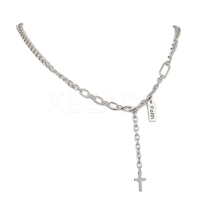 304 Stainless Steel Cross Tassel Pendant Chain Necklaces NJEW-JN05833-1