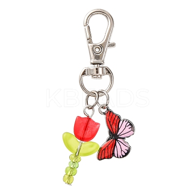 5Pcs Glass Tulip & Alloy Enamel Butterfly Pendant Decorations HJEW-JM04154-1