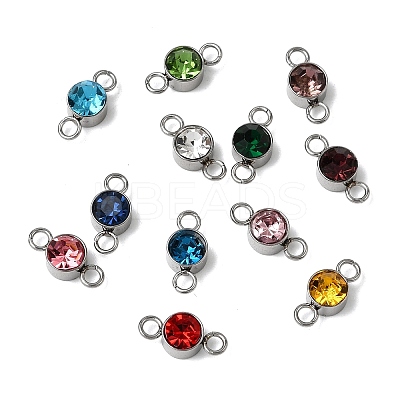 12Pcs 304 Stainless Steel Rhinestone Flat Round Connector Charms STAS-H247-02P-1