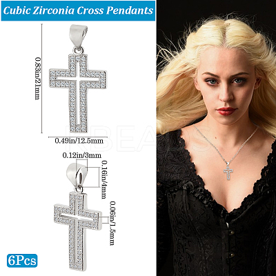 6Pcs Cross Brass Micro Pave Clear Cubic Zirconia Pendants KK-BBC0016-27-1