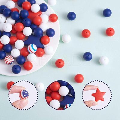 104Pcs 4th of July US Independence Day Silicone Beads Patriotic Blue Red White Round Star Beads America Flag Stars & Stripes Beads for Independence Day DIY Crafts Home Tiered Tray Decor JX601A-1