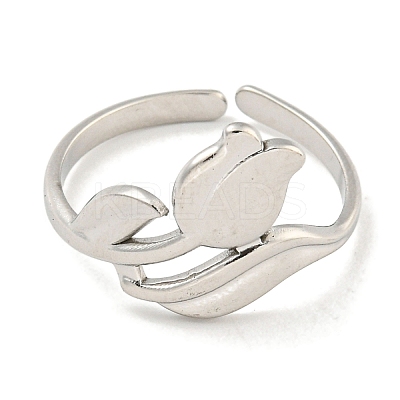 Non-Tarnish Tulip 304 Stainless Steel Open Cuff Finger Rings for Women RJEW-P114-05P-1