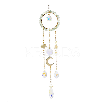 Natural Green Aventurine Woven Net/Web with Feather Window Hanging Suncatchers HJEW-JM00852-02-1