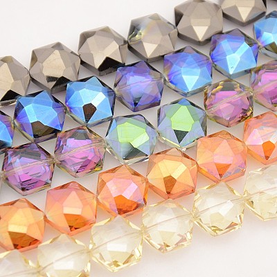 Hexagon Electroplate Full Rainbow Plated Glass Beads Strands EGLA-P015-M-1