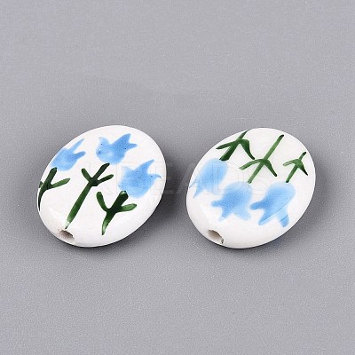 Hand Painted Tulip Flower Oval Porcelain Beads PORC-N012-11G-1