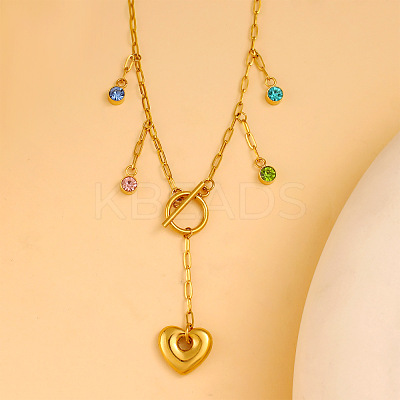 304 Stainless Steel Pave Colorful Cubic Zirconia Heart Pendant Necklaces for Women NJEW-S450-01G-1