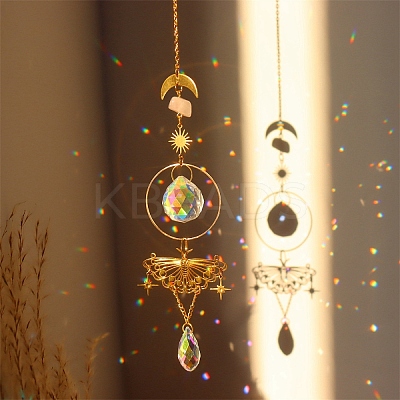Natural Rose Quartz Brass Moon & Star Hanging Ornaments LS-PW-WG80899-01-1