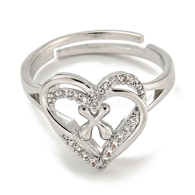 Heart with Letter Rack Plating Brass Micro Pave Clear Cubic Zirconia Adjustable Rings for Women RJEW-I105-01P-W-1
