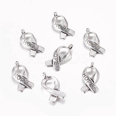 Breast Cancer Awareness Ribbon Carved Word Hope Tibetan Style Alloy Message Pendants LS-TIBEP-S278-AS-LF-1