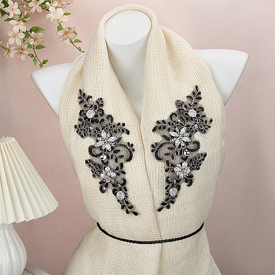 1 Pair Flower Polyester with Glass Embroidery Sew on Ornament Accessories PATC-FG0003-41-1