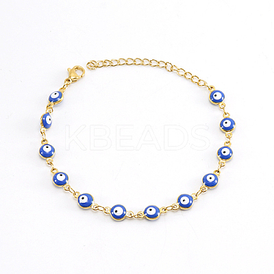 Real 18K Gold Plated 201 Stainless Steel Enamel Evil Eye Link Chain Bracelet VQ3782-5-1