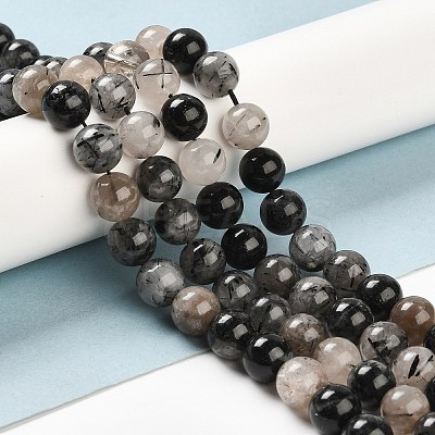 Natural Black Rutilated Quartz Beads Strands G-R446-8mm-37-01-1