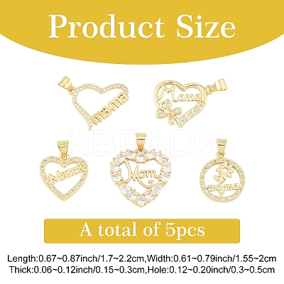 5Pcs 5 Style Brass Micro Pave Clear Cubic Zirconia Pendants ZIRC-YW0001-24-1