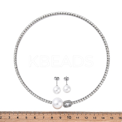 Round Plastic Imitation Pearl Stud Earrings & Rectangle Cubic Zirconia Rhinestone Cuff Choker Necklaces Sets SJEW-U003-06P-1