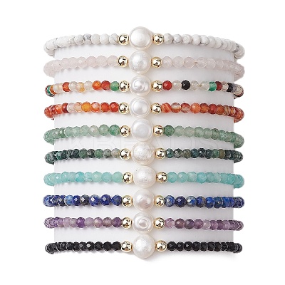 10Pcs 10 Style Faceted Round Natural & Synthetic Mixed Gemstone Beaded Stretch Bracelets Set BJEW-JB10168-1