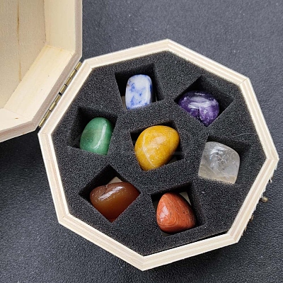 7 Chakra Natural Mixed Stone Crystal Ball with Octagon Wooden Box PW-WG61001-01-1