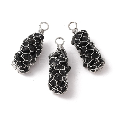 Rack Plating Copper Wire Wrapped Natural Obsidian Chip Big Pendants G-C130-01P-07-1