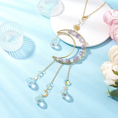 Nuggets Natural Quartz & Brass Moon Hanging Suncatchers HJEW-JM04253-01-1