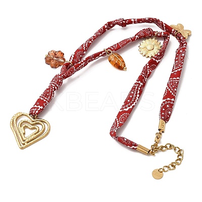 304 Stainless Steel Heart & Glass Leaf Flower Pendant Printed Polyester Cord Necklaces for Women NJEW-A063-07G-1