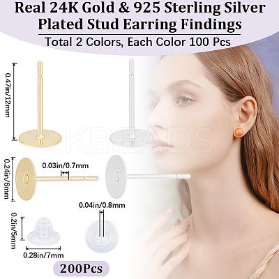 200Pcs 2 Colors 304 Stainless Steel Stud Earring Findings STAS-BBC0004-88-1