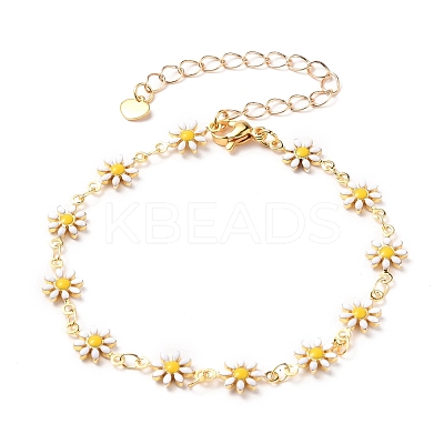 Brass Enamel Daisy Link Bracelets BJEW-JB05674-1