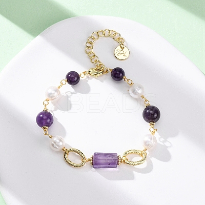 Natural Amethyst & Pearl Round Beads Link Bracelets for Women BJEW-Q039-01G-1