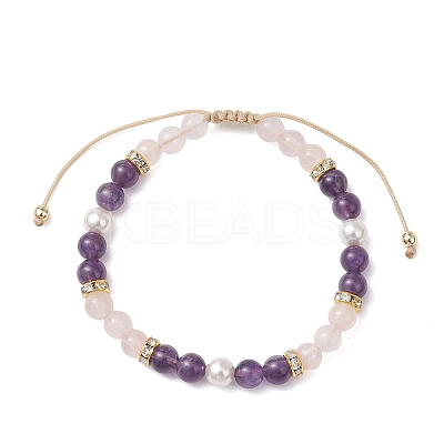 Natural Amethyst & Natural  Rose Quartz & Shell Pearl Round Beaded Braided Bead Bracelets BJEW-JB13392-02-1