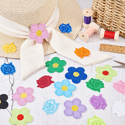 40Pcs 20 Styles Rose Shape & 5-Petal Flower Computerized Embroidery Cloth Iron on/Sew on Patches DIY-AR0003-12-1