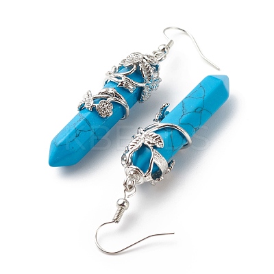 Synthetic Turquoise Bullet with Flower Dangle Earrings EJEW-G300-02P-08-1