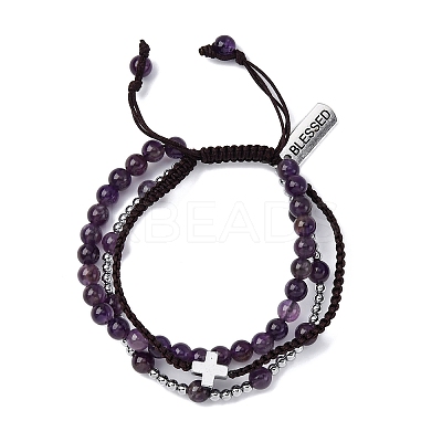 Adjustable Natural Amethyst & Hematite Braided Bead Bracelets BJEW-U035-01C-1