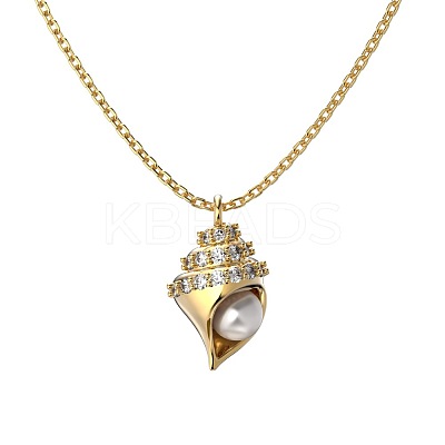 Summer Beach 925 Sterling Silver Micro Pave Clear Cubic Zirconia Cable Chain Conch Shell Pendant Necklaces NJEW-Q342-05G-1