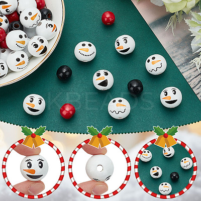 180Pcs 6 Styles Christmas Snowman Print Wood European Beads WOOD-PH0003-03B-1