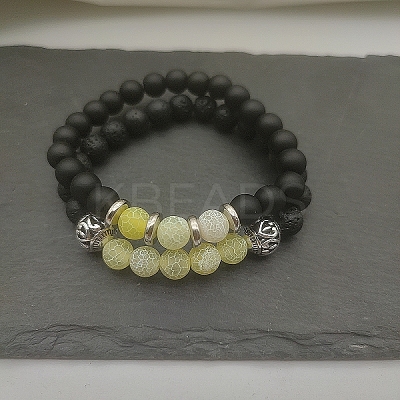 Natural Lava Rock & Frosted Stone Round Beads Stretch Bracelet Set Women DF9720-2-1