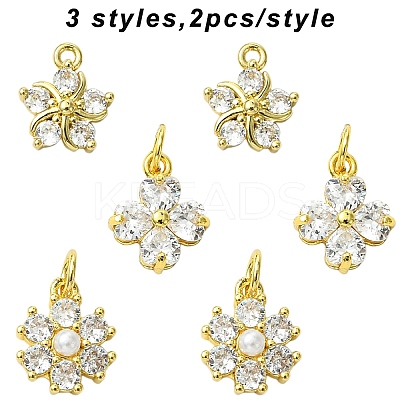 6Pcs 3 Styles Brass Micro Pave Cubic Zirconia Flower Charms KK-YW0003-81-1