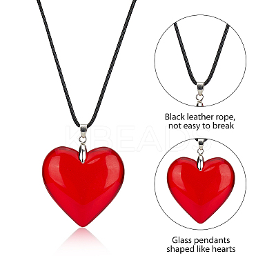 5Pcs 5 Colors Heart Glass Pendant Necklaces Set with Waxed Cord for Women NJEW-FI0001-05-1