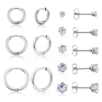 16Pcs 8 Style Clear Cubic Zirconia Stud Earrings & Stainless Steel Huggie Hoop Earrings DIY-TA0004-54-1