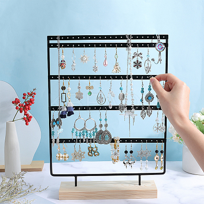 1 Set 5-Tier Rectangle Iron Jewelry Dangle Earring Organizer Holder with Wooden Base EDIS-SC0001-07A-1