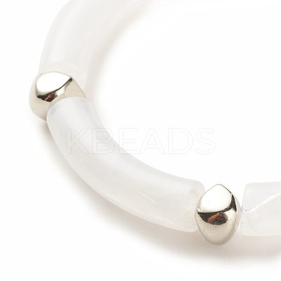 White Acrylic Curved Tube Chunky Stretch Bracelet with CCB Plastic for Women BJEW-JB08126-01-1