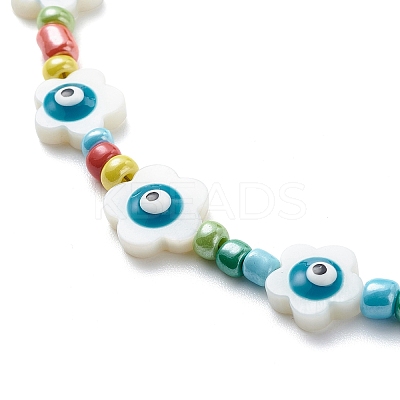Natural Shell Flower with Evil Eye & Glass Seed Beaded Necklace Stretch Bracelet SJEW-JS01248-1