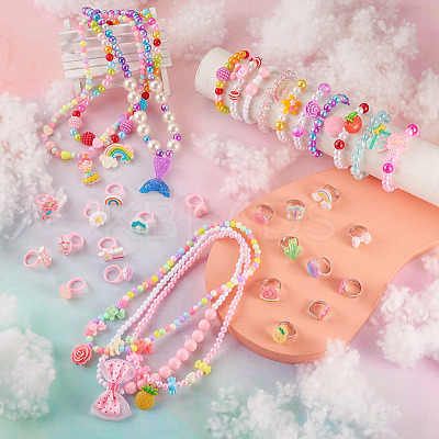 Flower & Shell & Watermelon & Rabbit Plastic Cuff & Adjustable Ring & Pendant Necklace & Stretch Bracelets SJEW-TA0001-02-1