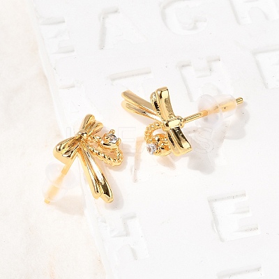Brass Micro Pave Clear Cubic Zirconia Bowknot Stud Earrings EJEW-C158-14A-G-1